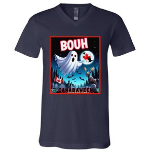 Halloween Ghost In Canada Says Boo In French Candian V-Neck T-Shirt