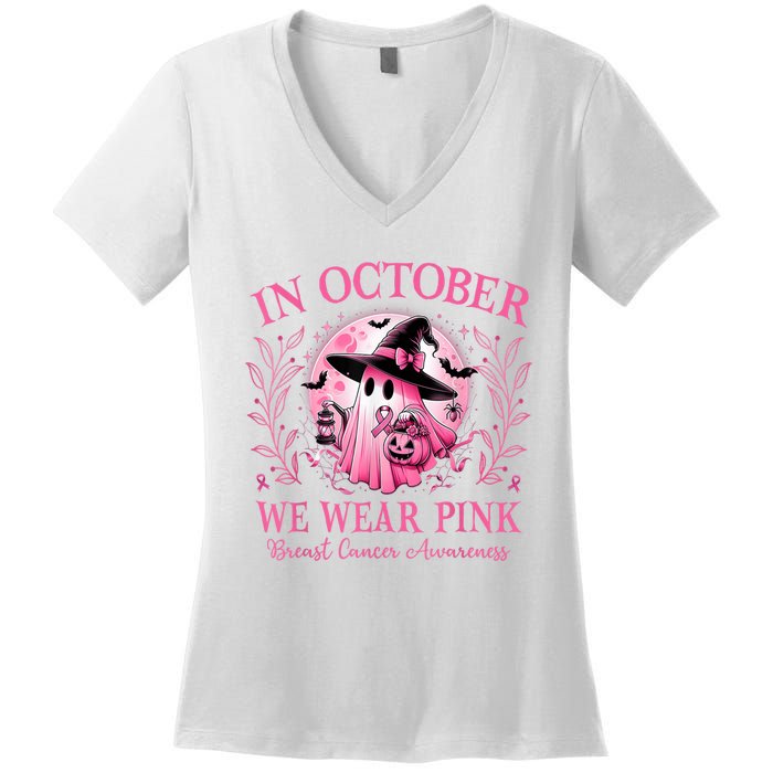 Halloween Ghost In October We Wear Pin.K Breast Cancer Awareness Gift Women's V-Neck T-Shirt