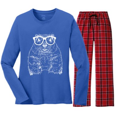 Hipster Groundhog In Nerd Glasses Animal Funny Gift Women's Long Sleeve Flannel Pajama Set 