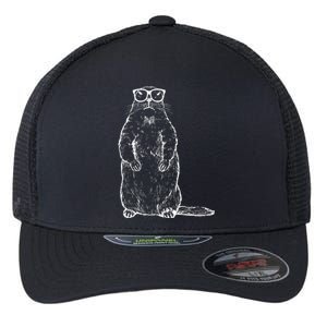 Hipster Groundhog In Nerd Glasses Flexfit Unipanel Trucker Cap