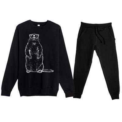 Hipster Groundhog In Nerd Glasses Premium Crewneck Sweatsuit Set