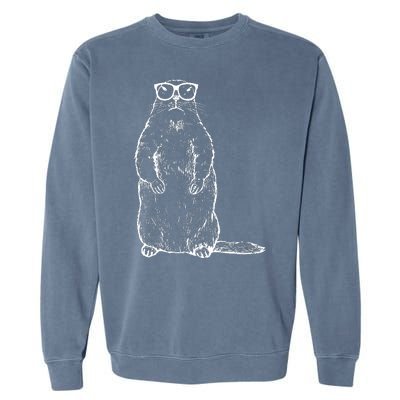 Hipster Groundhog In Nerd Glasses Garment-Dyed Sweatshirt