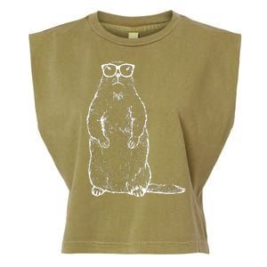 Hipster Groundhog In Nerd Glasses Garment-Dyed Women's Muscle Tee