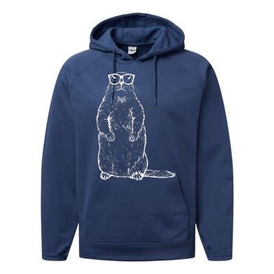 Hipster Groundhog In Nerd Glasses Performance Fleece Hoodie