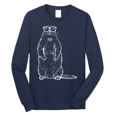 Hipster Groundhog In Nerd Glasses Long Sleeve Shirt