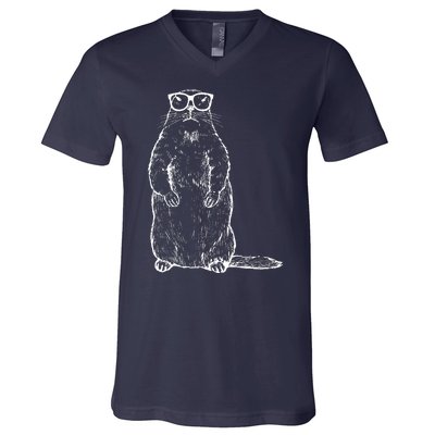 Hipster Groundhog In Nerd Glasses V-Neck T-Shirt