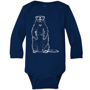 Hipster Groundhog In Nerd Glasses Baby Long Sleeve Bodysuit