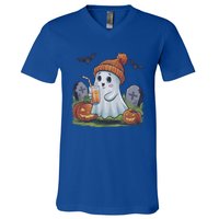 Halloween Ghost Ing Iced Coffee Pumpkin Tombstones Fall Gift V-Neck T-Shirt