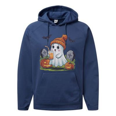 Halloween Ghost Ing Iced Coffee Pumpkin Tombstones Fall Gift Performance Fleece Hoodie