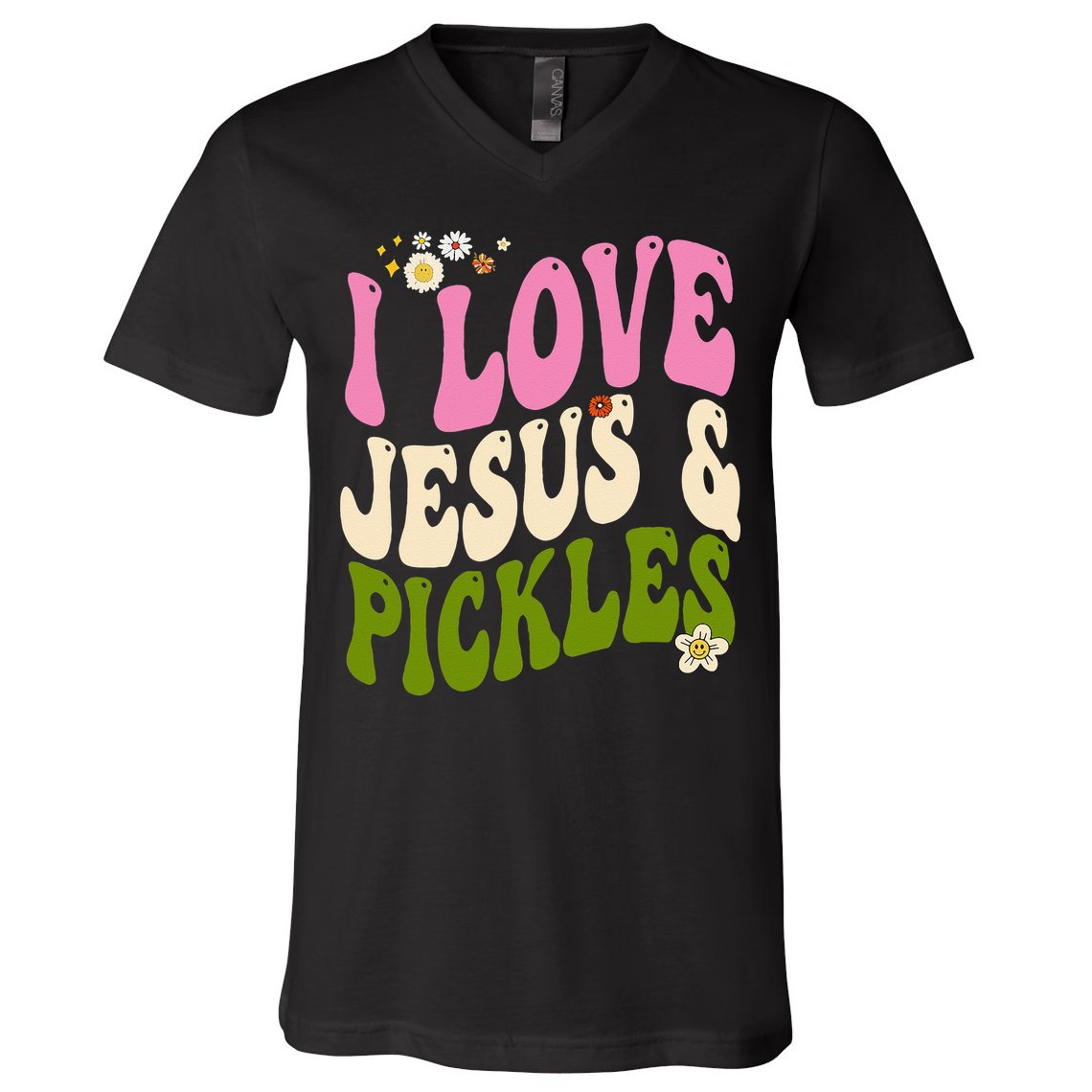 Hippie Groovy I Love Pickles & Jesus Pickle Retro Vegetarian V-Neck T-Shirt