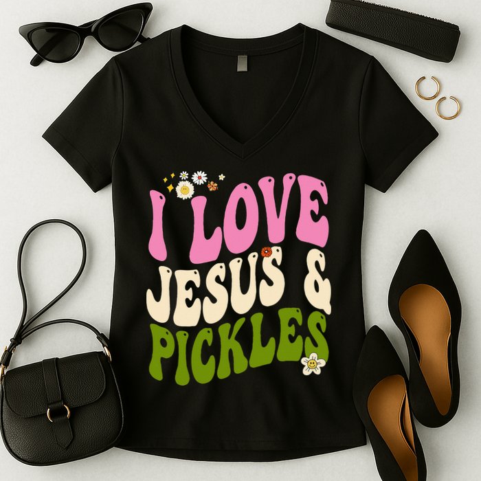 Hippie Groovy I Love Pickles & Jesus Pickle Retro Vegetarian Women's V-Neck T-Shirt
