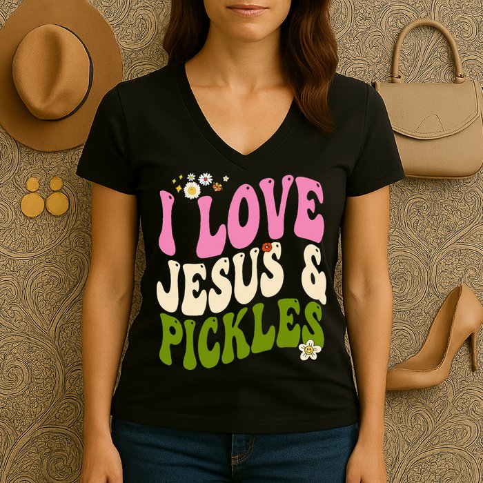 Hippie Groovy I Love Pickles & Jesus Pickle Retro Vegetarian Women's V-Neck T-Shirt