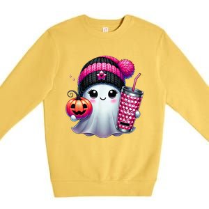 Drinking Coffee Halloween Ghost Ice Coffee Cute Ghost  Gift Premium Crewneck Sweatshirt