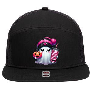 Drinking Coffee Halloween Ghost Ice Coffee Cute Ghost  Gift 7 Panel Mesh Trucker Snapback Hat