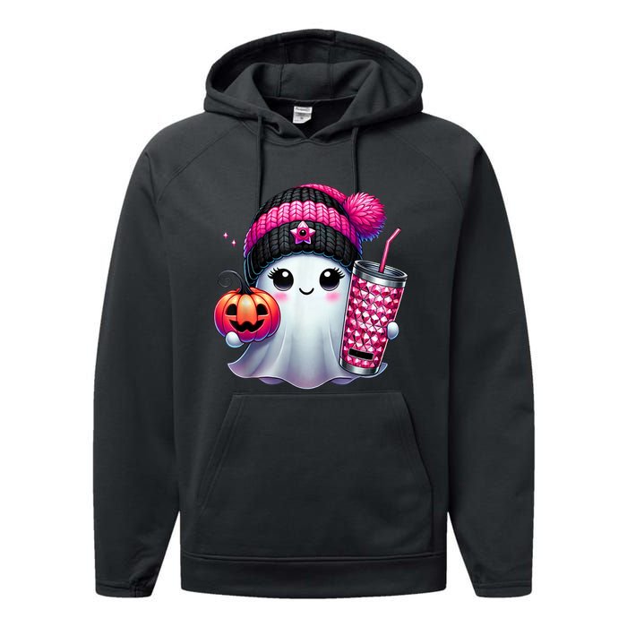 Drinking Coffee Halloween Ghost Ice Coffee Cute Ghost  Gift Performance Fleece Hoodie