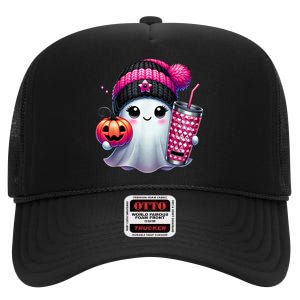 Drinking Coffee Halloween Ghost Ice Coffee Cute Ghost  Gift High Crown Mesh Back Trucker Hat