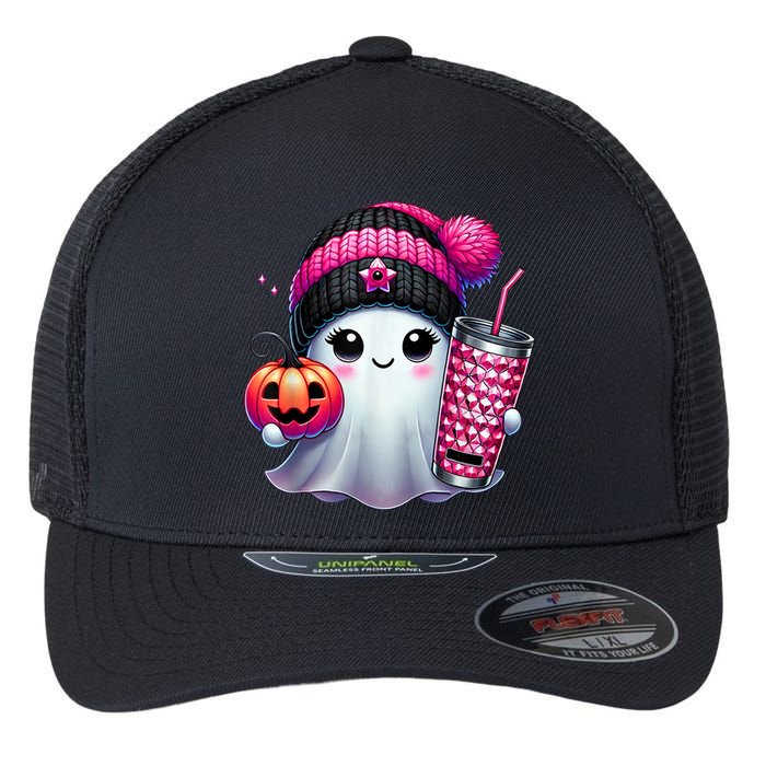 Drinking Coffee Halloween Ghost Ice Coffee Cute Ghost  Gift Flexfit Unipanel Trucker Cap