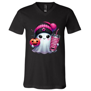 Drinking Coffee Halloween Ghost Ice Coffee Cute Ghost  Gift V-Neck T-Shirt