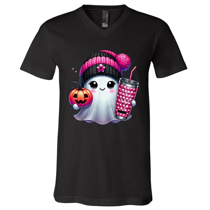 Drinking Coffee Halloween Ghost Ice Coffee Cute Ghost  Gift V-Neck T-Shirt