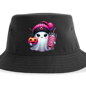 Drinking Coffee Halloween Ghost Ice Coffee Cute Ghost  Gift Sustainable Bucket Hat