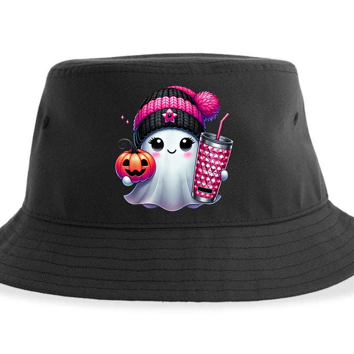 Drinking Coffee Halloween Ghost Ice Coffee Cute Ghost  Gift Sustainable Bucket Hat