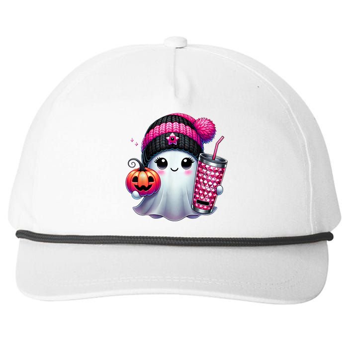 Drinking Coffee Halloween Ghost Ice Coffee Cute Ghost  Gift Snapback Five-Panel Rope Hat