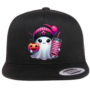 Drinking Coffee Halloween Ghost Ice Coffee Cute Ghost  Gift Flat Bill Trucker Hat