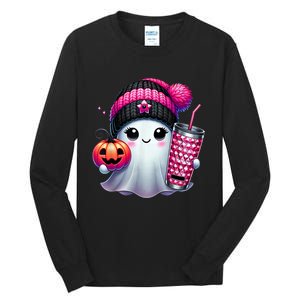 Drinking Coffee Halloween Ghost Ice Coffee Cute Ghost  Gift Tall Long Sleeve T-Shirt