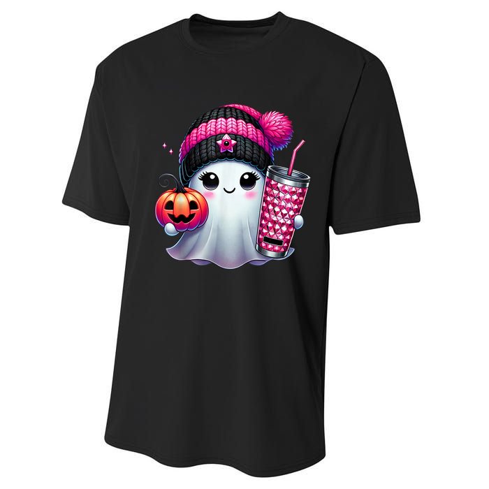 Drinking Coffee Halloween Ghost Ice Coffee Cute Ghost  Gift Performance Sprint T-Shirt