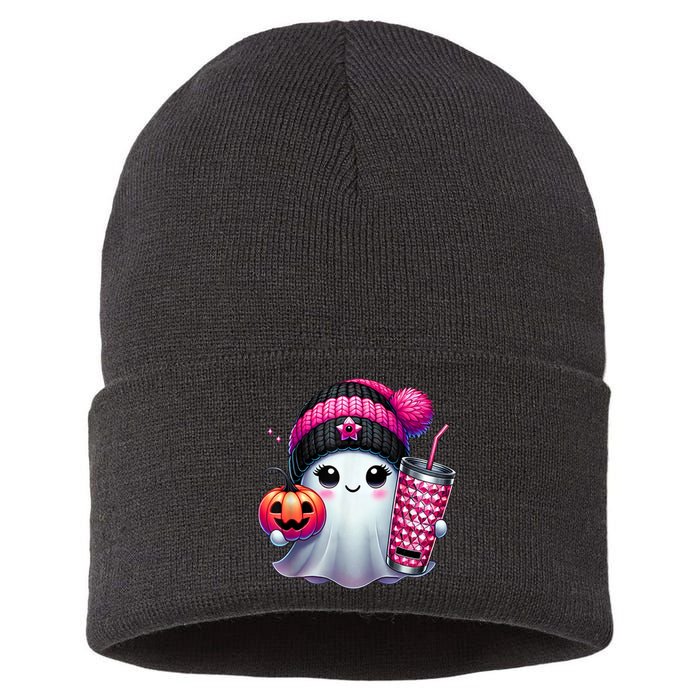 Drinking Coffee Halloween Ghost Ice Coffee Cute Ghost  Gift Sustainable Knit Beanie