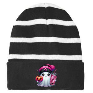 Drinking Coffee Halloween Ghost Ice Coffee Cute Ghost  Gift Striped Beanie with Solid Band