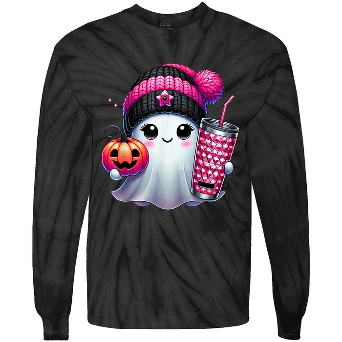 Drinking Coffee Halloween Ghost Ice Coffee Cute Ghost  Gift Tie-Dye Long Sleeve Shirt