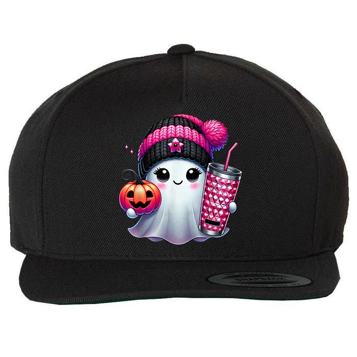 Drinking Coffee Halloween Ghost Ice Coffee Cute Ghost  Gift Wool Snapback Cap