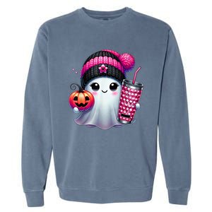 Drinking Coffee Halloween Ghost Ice Coffee Cute Ghost  Gift Garment-Dyed Sweatshirt