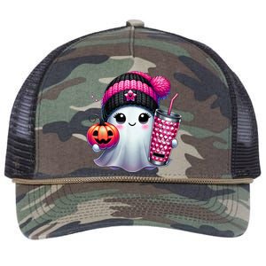 Drinking Coffee Halloween Ghost Ice Coffee Cute Ghost  Gift Retro Rope Trucker Hat Cap