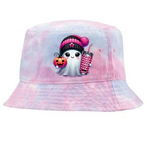 Drinking Coffee Halloween Ghost Ice Coffee Cute Ghost  Gift Tie-Dyed Bucket Hat