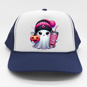 Drinking Coffee Halloween Ghost Ice Coffee Cute Ghost  Gift Trucker Hat