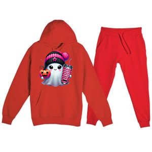 Drinking Coffee Halloween Ghost Ice Coffee Cute Ghost  Gift Premium Hooded Sweatsuit Set