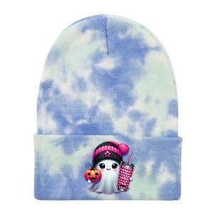 Drinking Coffee Halloween Ghost Ice Coffee Cute Ghost  Gift Tie Dye 12in Knit Beanie