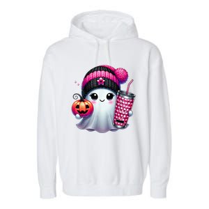 Drinking Coffee Halloween Ghost Ice Coffee Cute Ghost  Gift Garment-Dyed Fleece Hoodie