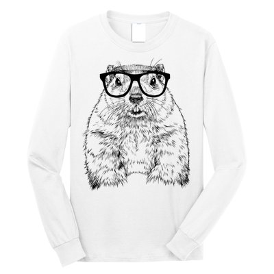 Hipster Groundhog In Nerd Glasses Animal Long Sleeve Shirt