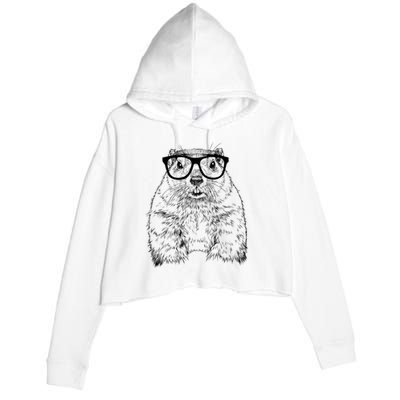 Hipster Groundhog In Nerd Glasses Animal Crop Fleece Hoodie