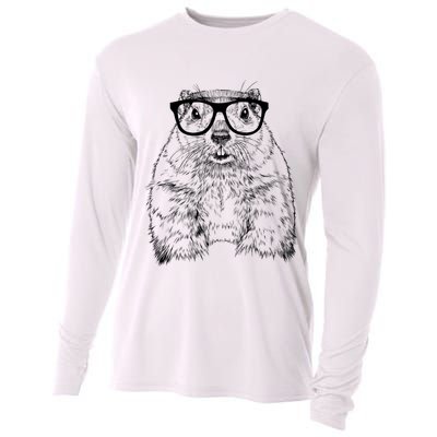 Hipster Groundhog In Nerd Glasses Animal Cooling Performance Long Sleeve Crew