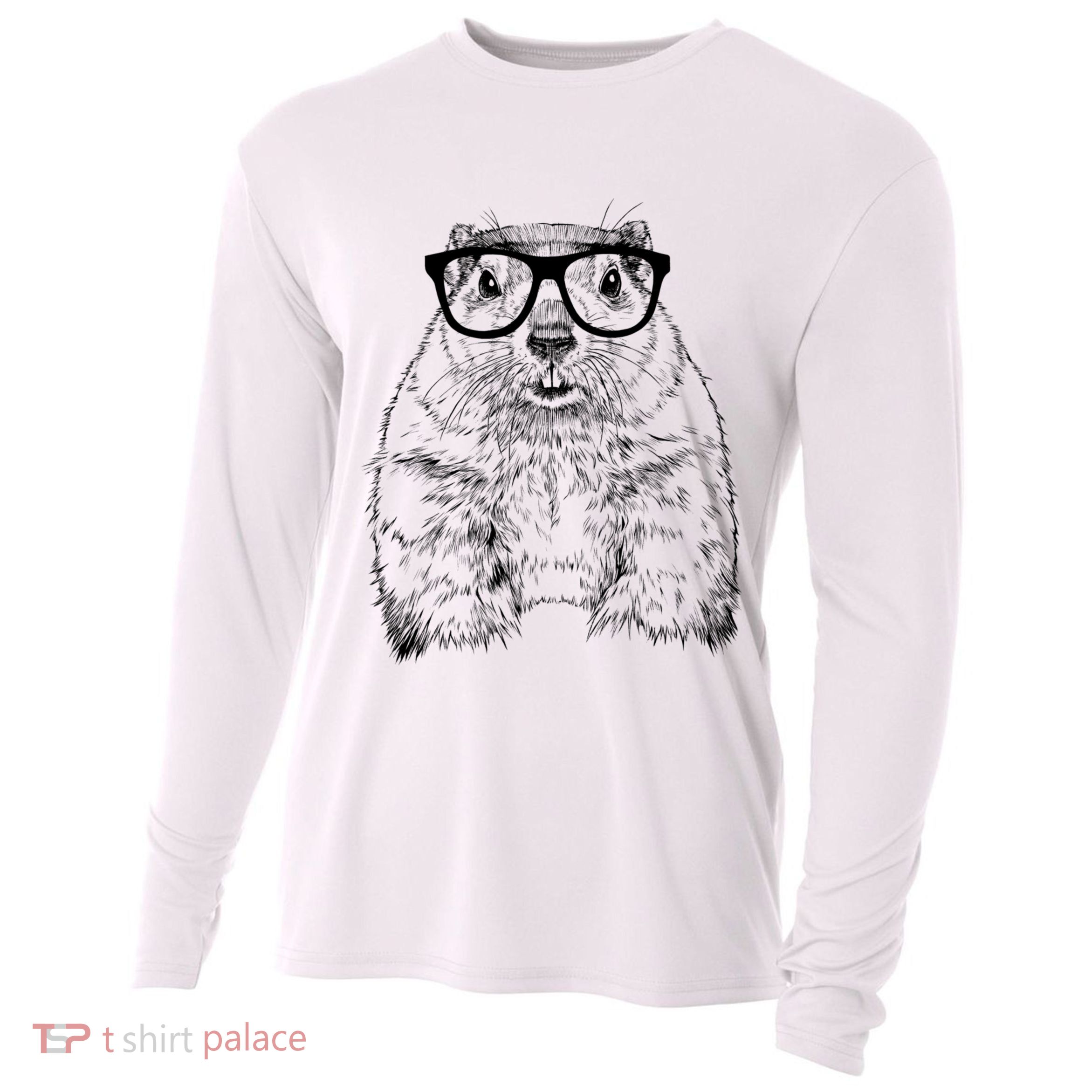 Hipster Groundhog In Nerd Glasses Animal Cooling Performance Long Sleeve Crew