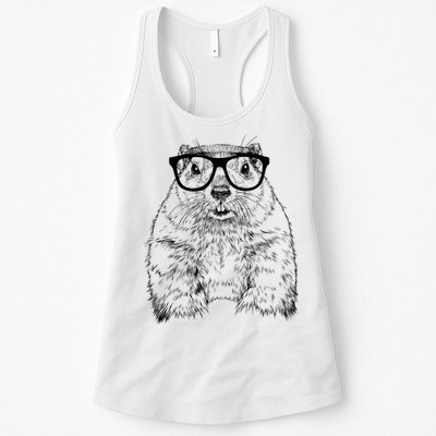 Hipster Groundhog In Nerd Glasses Animal Womens Tank Top