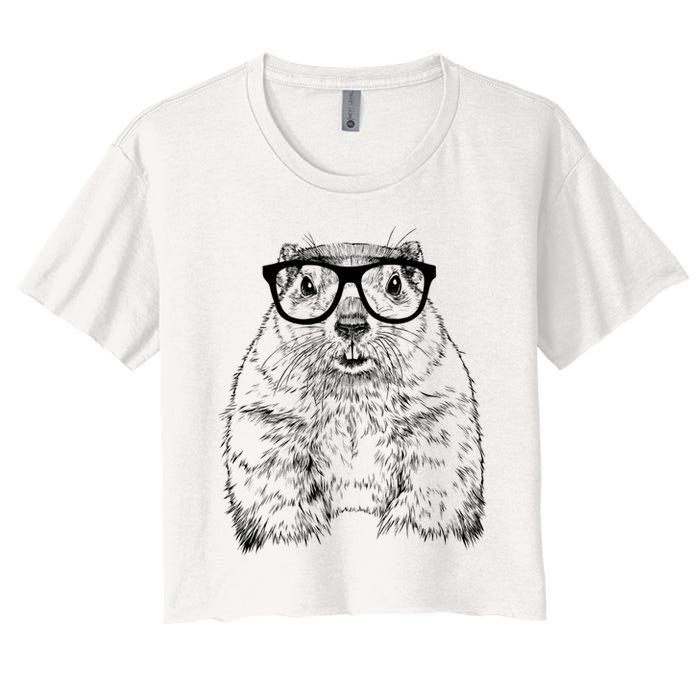 Hipster Groundhog In Nerd Glasses Animal Crop Top