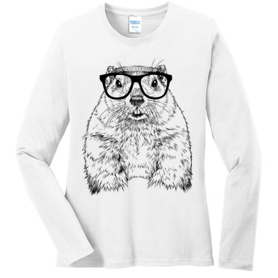 Hipster Groundhog In Nerd Glasses Animal Ladies Long Sleeve Shirt