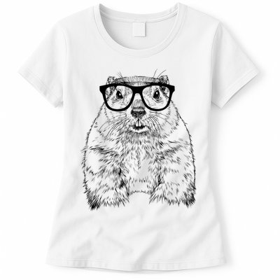 Hipster Groundhog In Nerd Glasses Animal Womens T-Shirt