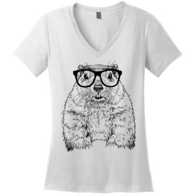 Hipster Groundhog In Nerd Glasses Animal Women's V-Neck T-Shirt