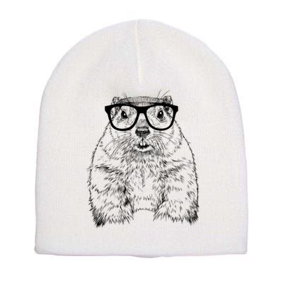 Hipster Groundhog In Nerd Glasses Animal Short Acrylic Beanie